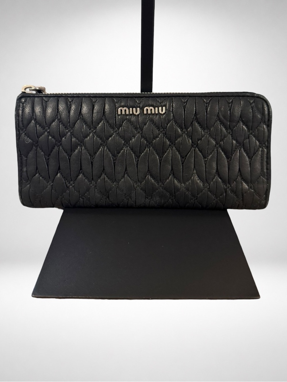 Miu Miu Matelassé Leather Zip Around Long Wallet Black Quilted Continental